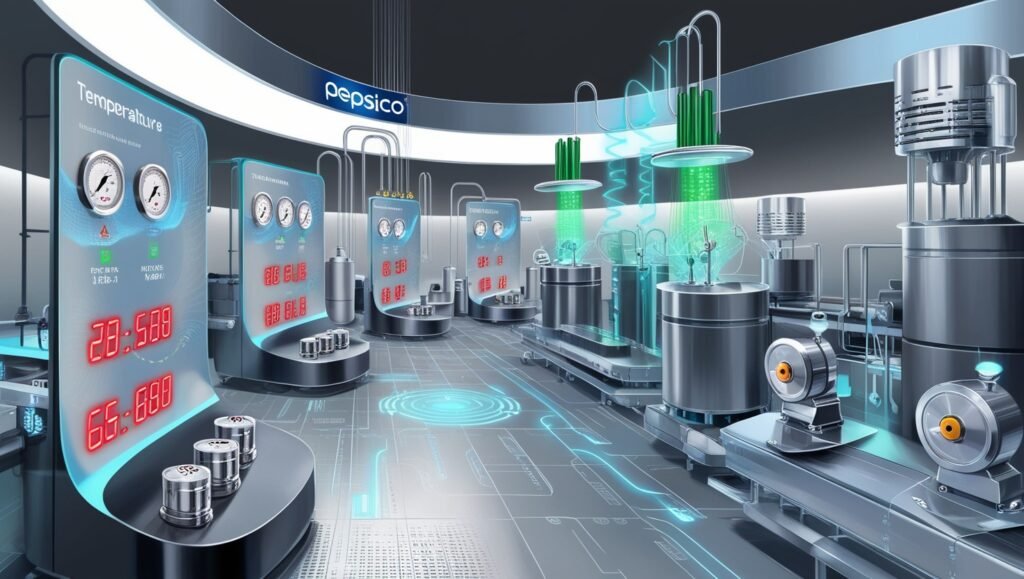 concept art showing use of AI powered sensors to monitor various parameters in a food factory