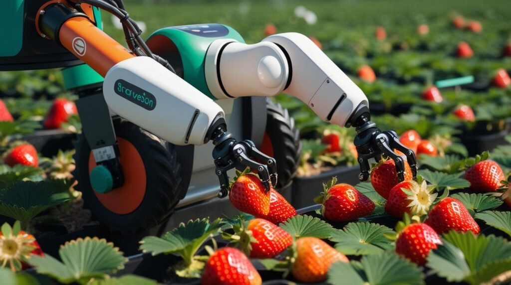 concept art depicting AI powered robots used in harvesting strawberries