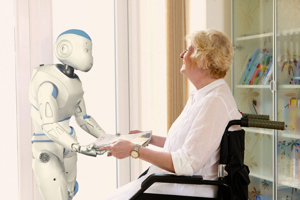 AI robot taking care of elderly woman